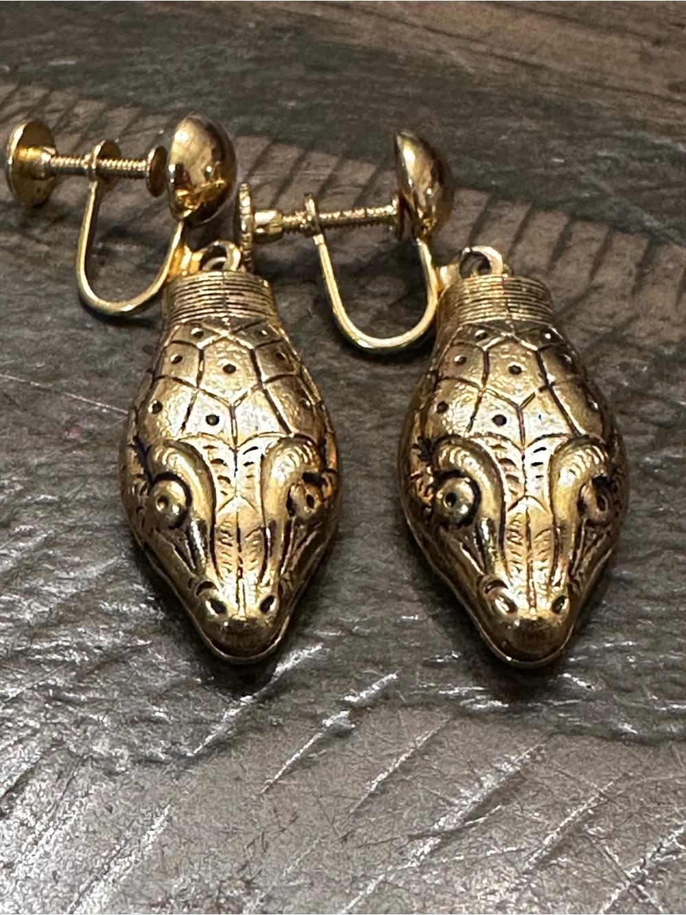 Vintage Whiting & Davis Gold Snake Head Dangle Statement Earrings 1960s